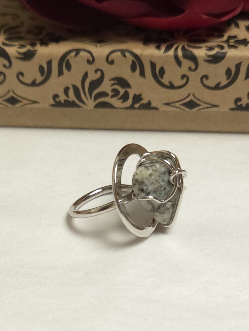 Handmade Silver Tone Wrapped Rock Ring Size 6 Statement Ring